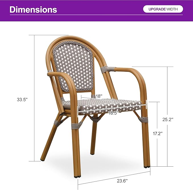 PURPLE LEAF French Bistro Chairs Set of 2 Aluminum Hand-Woven Rattan Wicker Dining Chairs with Arms for Outdoor Porch Garden Bamboo Print Finish Grey