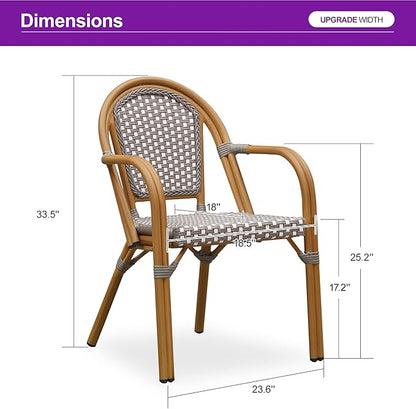 PURPLE LEAF French Bistro Chairs Set of 2 Aluminum Hand-Woven Rattan Wicker Dining Chairs with Arms for Outdoor Porch Garden Bamboo Print Finish Grey