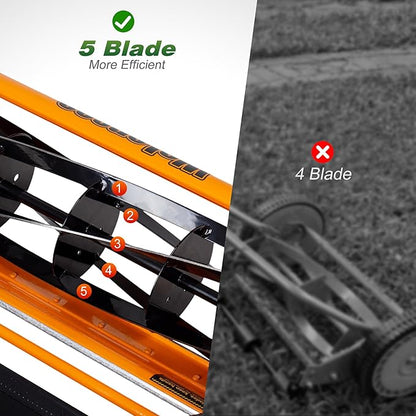 Walensee Push Reel Lawn Mower, 20-Inch 5-Blade Cordless Manual Reel Lawn Mower, Walk-Behind Steel Lawn Mower with 9-Position Cutting Height Adjustment & Sponge Grip