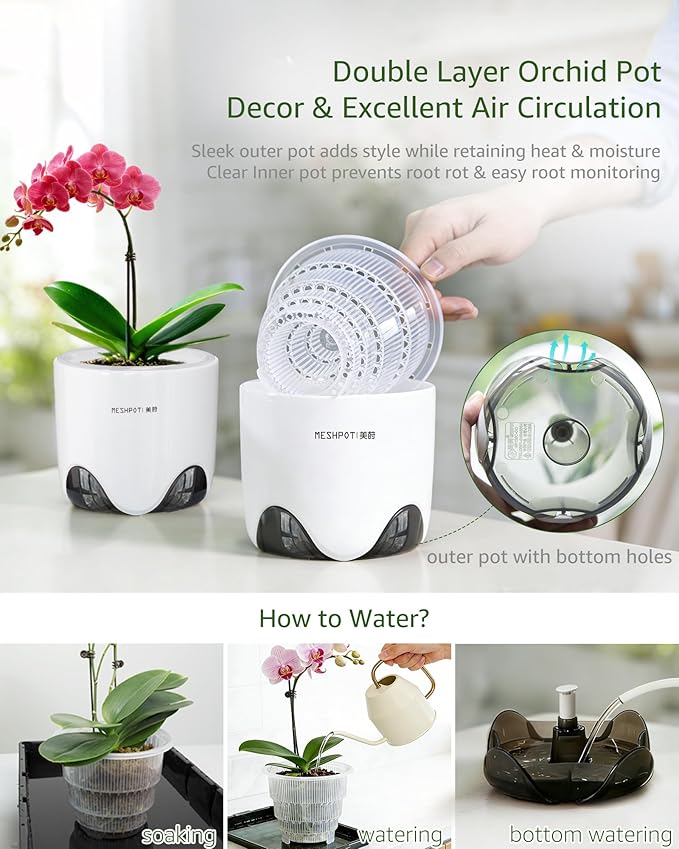 5 inch Orchid Pots with Holes for Repotting with Excellent Airflow, Set of 1, Double Layer Plastic Imitate Ceramic Orchid Planter, Clear Orchid Pot Match Decorative Orchid Container