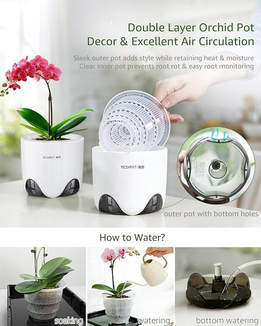 5 inch Orchid Pots with Holes for Repotting with Excellent Airflow, Set of 1, Double Layer Plastic Imitate Ceramic Orchid Planter, Clear Orchid Pot Match Decorative Orchid Container