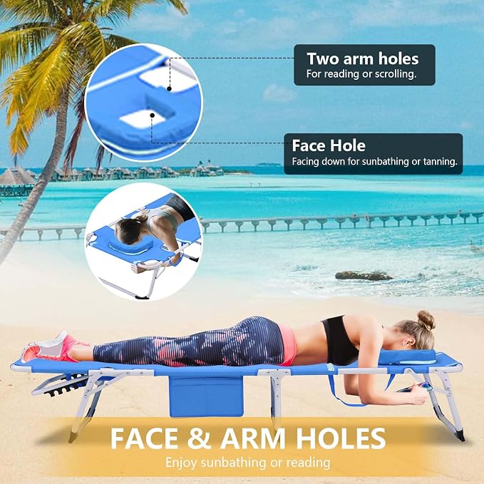 HRVEOCEI 3-in-1 Sun Tanning Chair with Face Hole,Adjustable 5-Position Folding Laying Out Chairs for Tanning,Outdoor Face Down Beach Lounger Sun Bathing Lounge Chair for Pool Deck Patio (Blue)