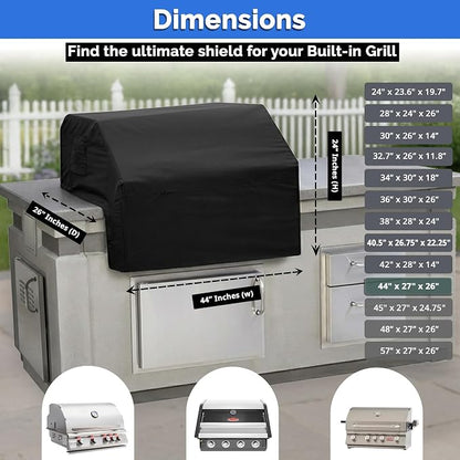 Covers & All Built-in Grill Cover for Outdoor Grill – Heavy Duty 12 oz Waterproof Built-in BBQ Grill Cover, PVC-Coated Polyester with Elastic Hem for Snug Fit (44 x 26 x 24 inches, Black)