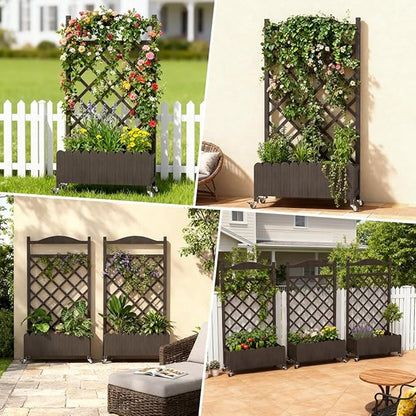 COMHOMA Raised Garden Bed with Trellis and Wheels,48Inch Elevated Planter Box with Drainage Holes,Lattice Privacy Screen for Climbing Plants Vegetables,Outdoor for Patio Balcony Yard,Brown