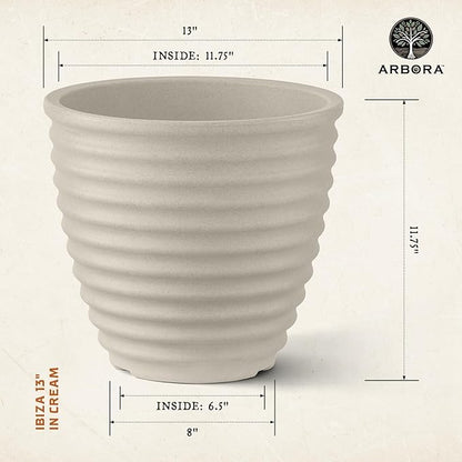 ARBORA 13" Ibiza Polyresin Indoor and Outdoor Planter with Classic Cream Finish - Durable, Weatherproof, Lightweight, Large Plant Pot for Patio, Garden, Deck, Entryway