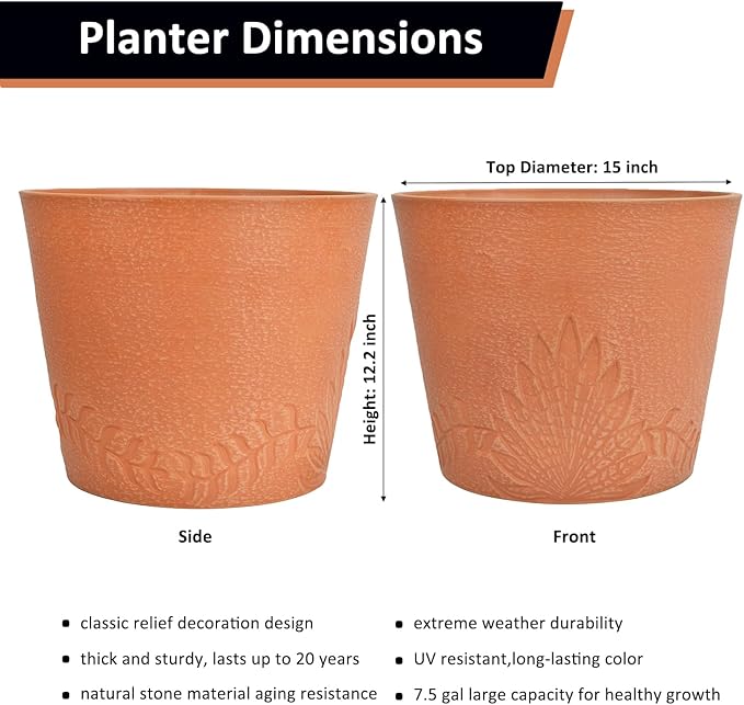 GreenShip 15 inch Large Planters, Set of 2 Relief Planters - Recycled Resin & Stone Composite Flower Pots - Weather Resistant Lightweight Garden Pots for Indoor Outdoor Plants