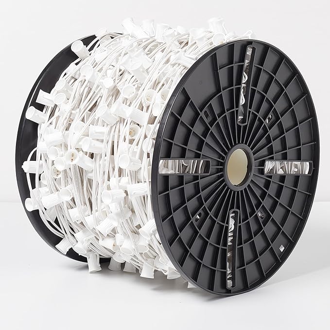 Commercial 1000FT C9/E17 Christmas Light Sockets Set Spool, C9 Christmas Stringer Bulk Reel with 12" Spacing, C9 E17 Candelabra Base, SPT-1 8-Awg, White Wire