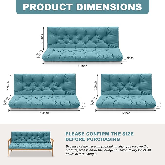 Porch Swing Cushions,Outdoor Cushions 3 Seater Replacement with Backrest, Waterproof Thickened Bench Cushion with Ties for Porch, Patio,Outdoor, Backyard and Garden (Lake Blue 40 * 40 in)