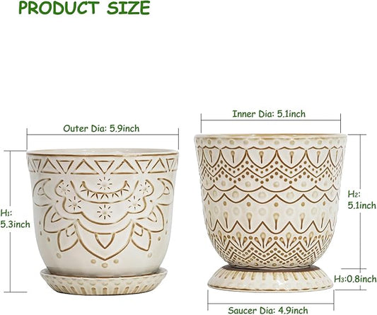 Gepege Beaded Ceramic Planter 6 Inch Set of 2 with Drainage Hole and Saucer for Plants, Indoor-Outdoor Large Round Succulent Orchid Flower Pot (Cream White, Inner-pots not Larger Than 5 Inch)