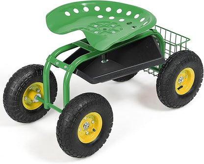 Goplus Garden Seat with Wheels, Rolling Garden Cart with Adjustable 360° Swivel Seat, Tool Tray, Basket for Lawn, Yard, Patio, Heavy Duty Gardening Stool, Outdoor Wagon Scooter for Seniors