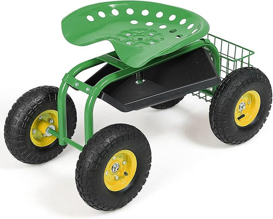 Goplus Garden Seat with Wheels, Rolling Garden Cart with Adjustable 360° Swivel Seat, Tool Tray, Basket for Lawn, Yard, Patio, Heavy Duty Gardening Stool, Outdoor Wagon Scooter for Seniors