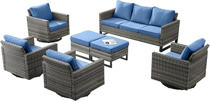 Rilyson Wicker Outdoor Patio Furniture Set - 7 Piece Patio Conversation Set with 4 Swivel Rocker Chairs,2 Rattan Ottoman and 1 Couch for Outside Porch Deck Backyard(Mixed Grey/Blue)