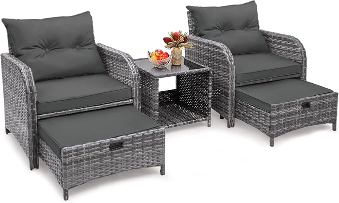 5 Pieces Wicker Outdoor Patio Chairs Set with Ottoman, Patio Furniture Set with Foot Rest Underneath, PE Rattan Garden Arm Chairs with Hidden Ottoman for Poolside Garden Balcony, Grey