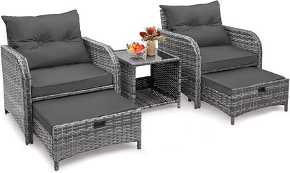 5 Pieces Wicker Outdoor Patio Chairs Set with Ottoman, Patio Furniture Set with Foot Rest Underneath, PE Rattan Garden Arm Chairs with Hidden Ottoman for Poolside Garden Balcony, Grey