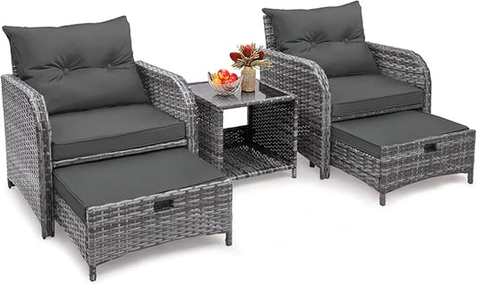 5 Pieces Wicker Outdoor Patio Chairs Set with Ottoman, Patio Furniture Set with Foot Rest Underneath, PE Rattan Garden Arm Chairs with Hidden Ottoman for Poolside Garden Balcony, Grey