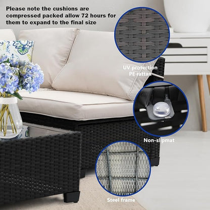 8 Pieces Patio Furniture Set with 28" Fire Pit Table, Wicker Outdoor Sectional Couch, Rattan Conversation Set for Backyard, Deck, Garden Lawn, Brown/Beige