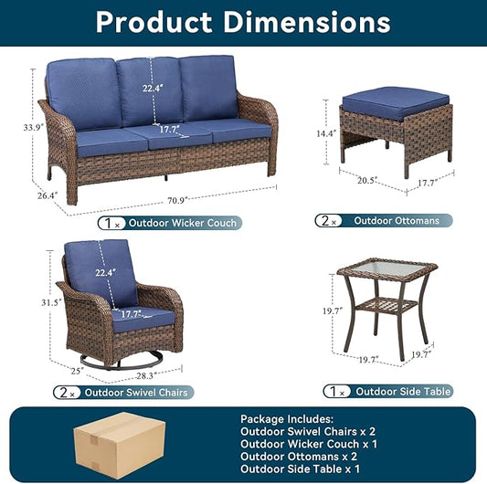6 Piece Outdoor Patio Wicker Furniture Sets-High Back Patio Conversation Set with Rattan Sofa, Wicker Swivel Rocker Patio Chairs and Thick Cushions Ottomans for Porch Balcony Patio Deck Brown/Blue