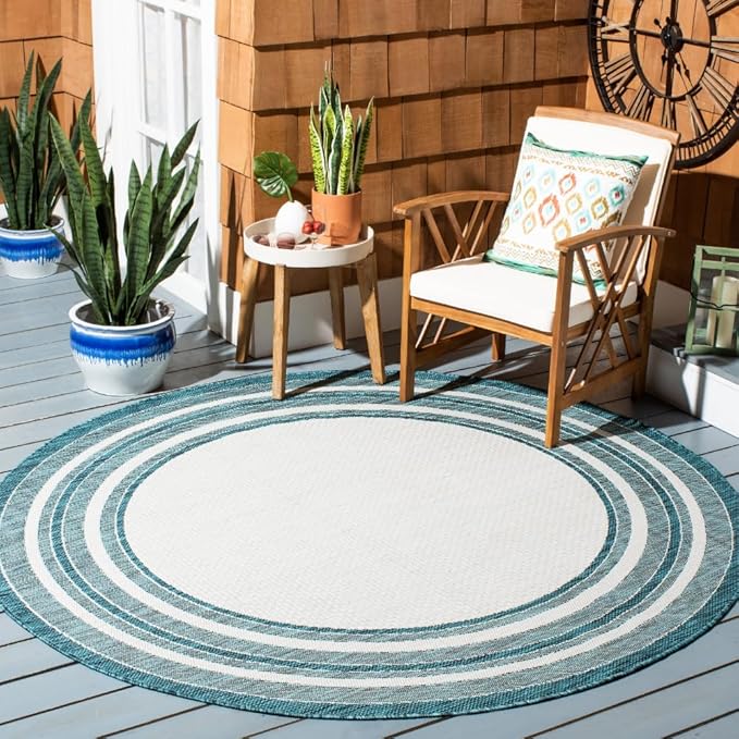 SAFAVIEH Washable Rug Outdoor Courtyard Collection - 6'7" Round, Ivory & Teal, Non-Shedding & Easy Cleaning, Ideal for Patio, Backyard, Mudroom (CY8475-53512)