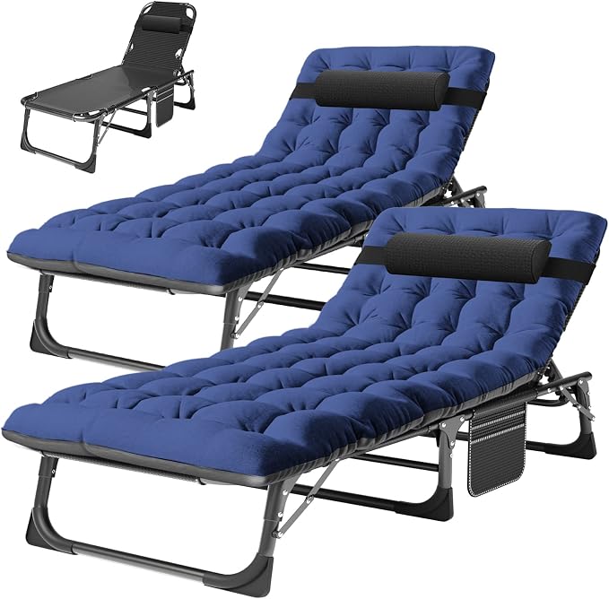 ABORON Tanning Chairs, 2 Pack, 5-Position Padded Folding Loungers | Set of 2 folding chaise lounges with 5-position backs, padded mats and pillows; supports up to 500 lb per chair.