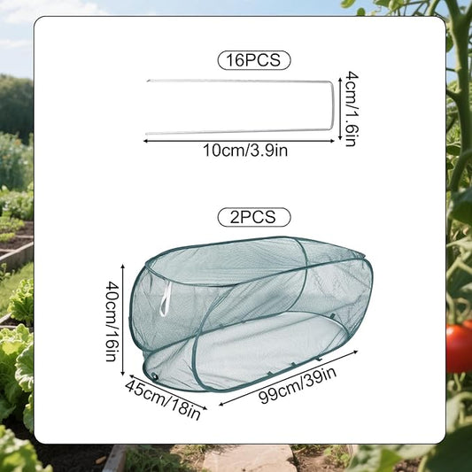 Lyreh 2pcs Pop Up Mesh Plant Cover, 39x18x16in Outdoor Pop Up Garden Netting Plant Cover with 16 Ground Stakes Suitable for Protecting Vegetables Fruits Flowers Seedlings
