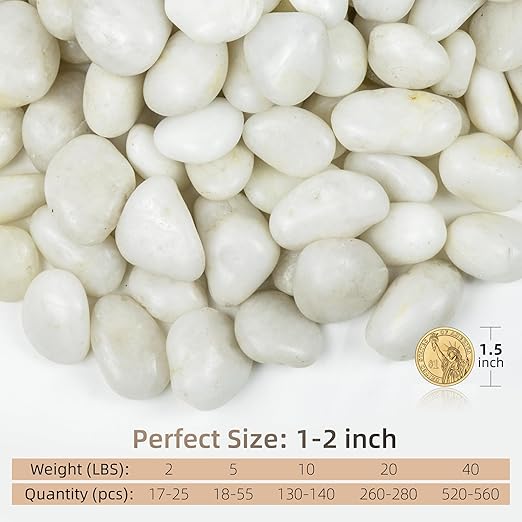 White Pebbles for Landscaping 40lbs, 1-2Inch Natural River Rocks for Aquarium, High Polished Decorative Stones for Vase Filler Fish Tank Gardening