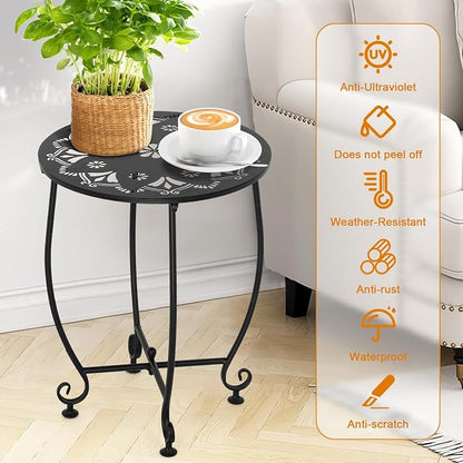 14 Inch Outdoor Side Tables for Patio, Weather Resistant Steel Patio Side Table, Small Round Outdoor End Table Metal Side Table for Patio Yard Balcony Garden Black (Color3-Flowers)