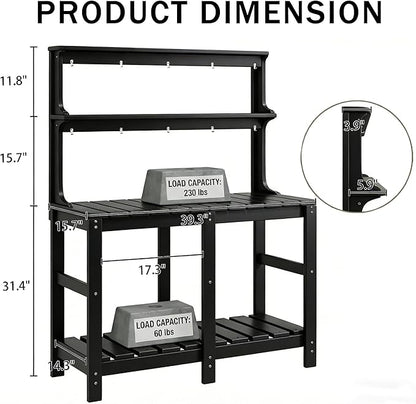 Outdoor Potting Bench with 3 Tier, All-Weather Patio Potting Table with Tool Hooks, HDPE Gardening Table for Backyard, Garden, Black