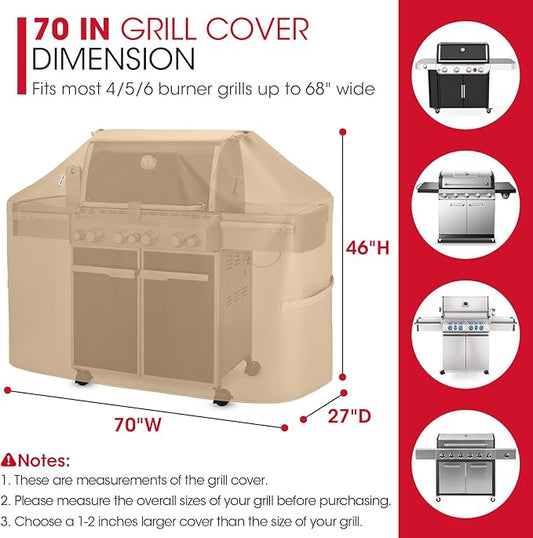 Unicook 70 Inch Grill Cover for Outdoor Grill, Heavy Duty Large BBQ Cover with Handles and Straps, Compatible with Weber Charbroil Nexgrill Kenmore Grills etc, All Weather Protection, Light Brown