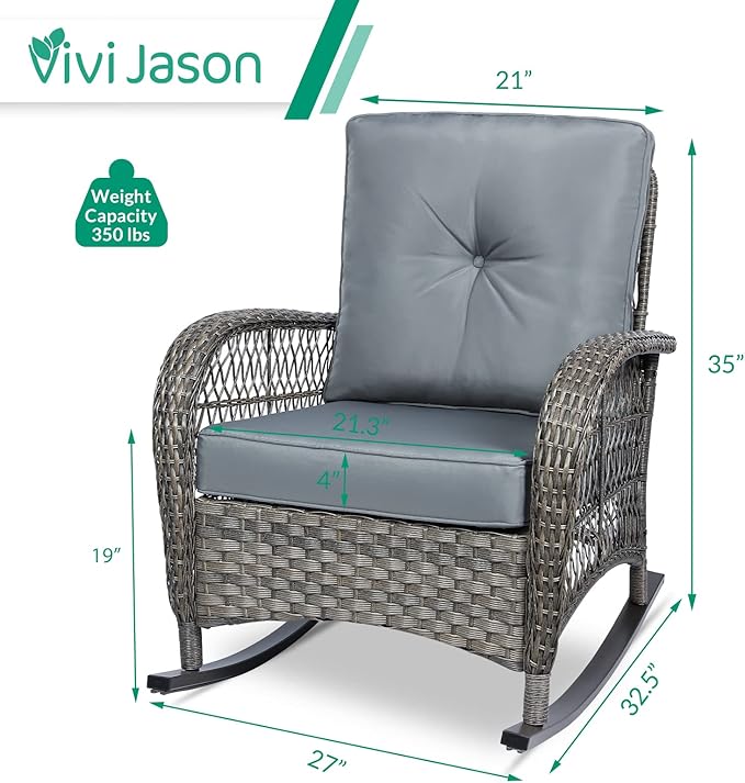 VIVIJASON 2 Piece Patio Wicker Rattan Rocker Chair, Outdoor Rattan Rocker Chair with Cushions & Steel Frame, All-Weather Rocking Lawn Wicker Furniture for Garden Backyard Porch (Grey)
