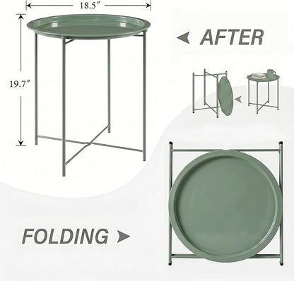 VECELO Side/End Table, Folding Round Metal Anti-Rust and Waterproof Outdoor or Indoor Tray for Living Room Bedroom Balcony and Office, 1 PCS, Dark Green