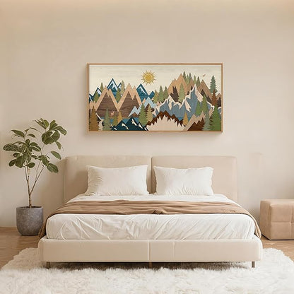 FWIEXA Large Mountain Woodcut Style Canvas Wall Art, Sunrise Pine Tree Wall Decor, Forest Animal Painting, Nature Wilderness Lake Landscape, 20x40In Rustic Artwork for Living Room, Bedroom, Bathroom
