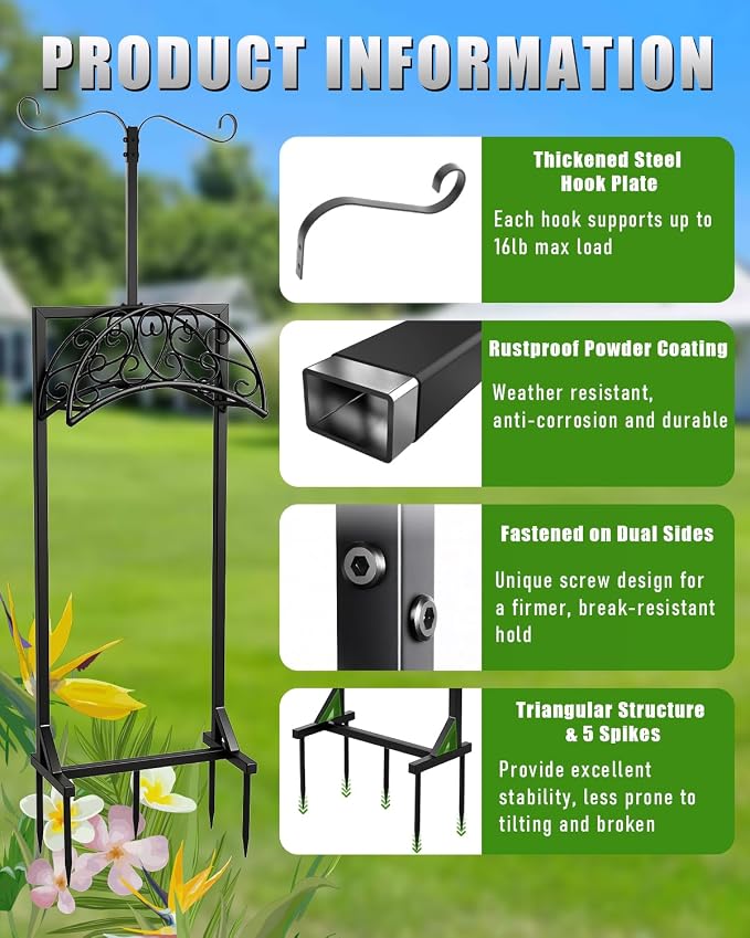 5-Spike Garden Hose Holder Freestanding with 2 Shepherds Hooks, Heavy Duty Water Hose Stand for Outside, Decorative Metal Hose Hanger Rack for Hanging Bird Feeders, Hose Storage for Yard