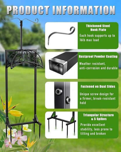 5-Spike Garden Hose Holder Freestanding with 2 Shepherds Hooks, Heavy Duty Water Hose Stand for Outside, Decorative Metal Hose Hanger Rack for Hanging Bird Feeders, Hose Storage for Yard