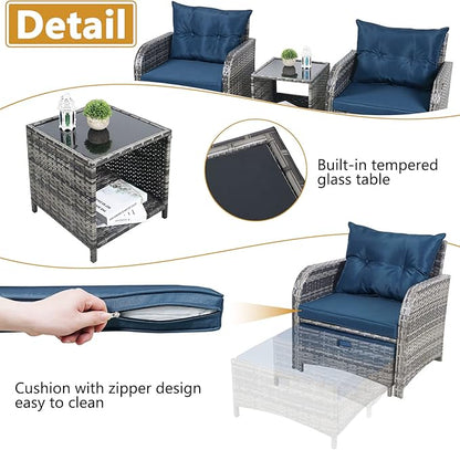 5 Pieces Wicker Outdoor Patio Chairs Set with Ottoman, All Weather PE Rattan Patio Conversation Furniture Set Outdoor Furniture Set with Hidden Ottoman for Poolside Garden Balcony, Blue