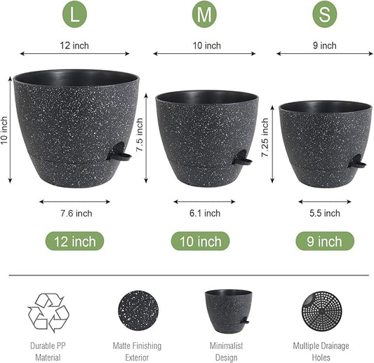 UOUZ Large Self Watering Pots, 12/10/9 Plastic Planters with High Drainage Holes and Deep Reservoir for Indoor Outdoor Garden Plants and Flowers, Black Speckles