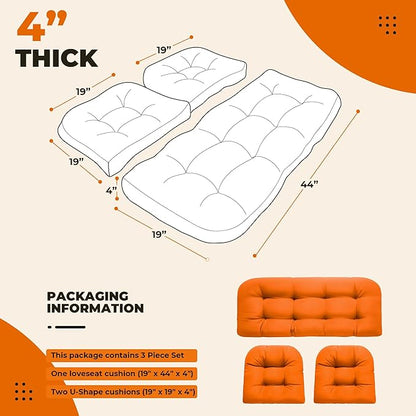 DANGHOOGY Wicker Chair Cushions, Waterproof Outdoor Loveseat Cushions for Patio Furniture, 3 Pieces Wicker Furniture Cushions, 1 Loveseat and 2 U-Shaped Cushions, Orange