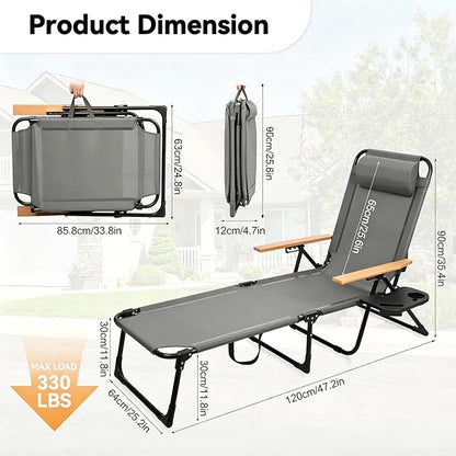 Foldable Chaise Lounge Chair Outdoor, Tanning Chair with 4-Position Reclining Back, Folding Sun Lounger, Outdoor Lounge Chair for Beach, Poolside, Backyard, Camping, UPF 50+, 300 LBS