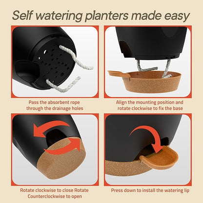 Black Self Watering Pots 20 Pack, Indoor and Outdoor Plant Pots with Wick Rope & Drainage Holes, Easy Watering Lip, Lightweight Plastic Self Watering Planter for Succulents, Houseplants, and Herbs