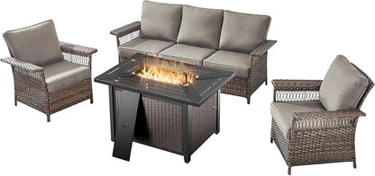 Patio Furniture Set with Fire Pit Table, 4PCS Patio Conversation Set Brown Resin Wicker Patio Chair and Sofa with 43in Rectangular Iron Firepit Table PE Rattan Patio Furniture Set