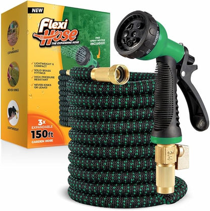 Flexi Hose with 8 Function Nozzle, 150FT - Lightweight Expandable Garden Hose, No-Kink Flexibility, 3/4 Inch Solid Brass Fittings and Double Latex Core - Black and Green