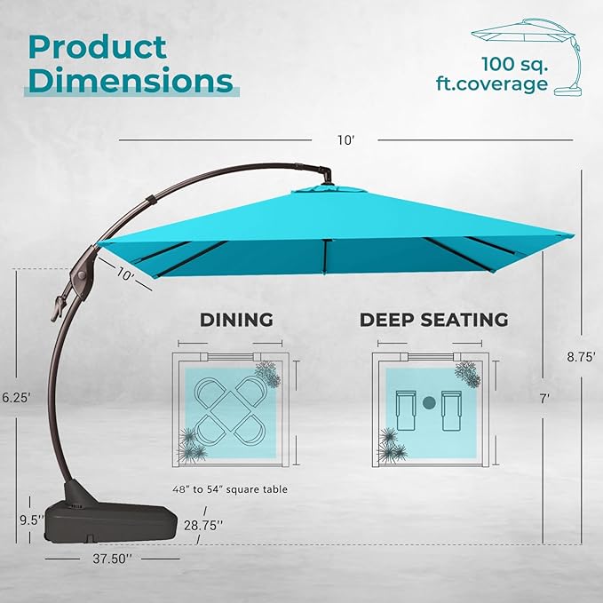 Grand patio Sunbrella 10x10 FT Cantilever Umbrella with Base Included Patio Square Aluminum Offset Umbrellas for Outdoor Pool (Aruba, 10X10 FT-SUNBRELLA)