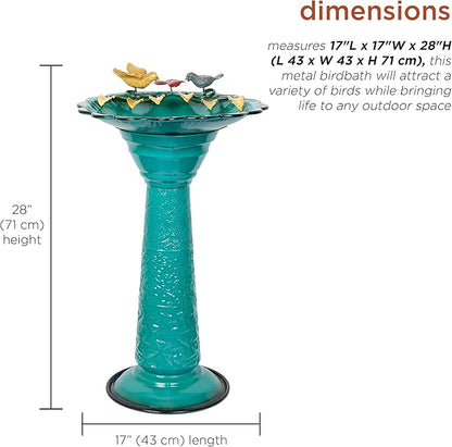 Alpine Corporation ORS112GN Vintage Metal Pedestal Birdbath with Stand, Shallow Bird Bath Bowl for Outside, 28" H, Green
