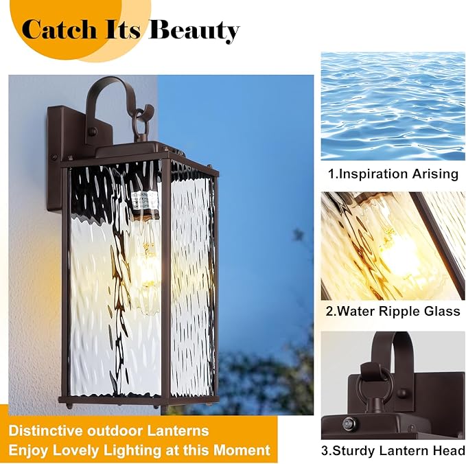 Dusk to Dawn Outdoor Light Fixtures Oil Rubbed Bronze 2-Pack, Water Ripple Glass Vintage Brown Exterior Lantern Lights with Photocell Sensor IP65 Waterproof Coach Carriage Lights, E26