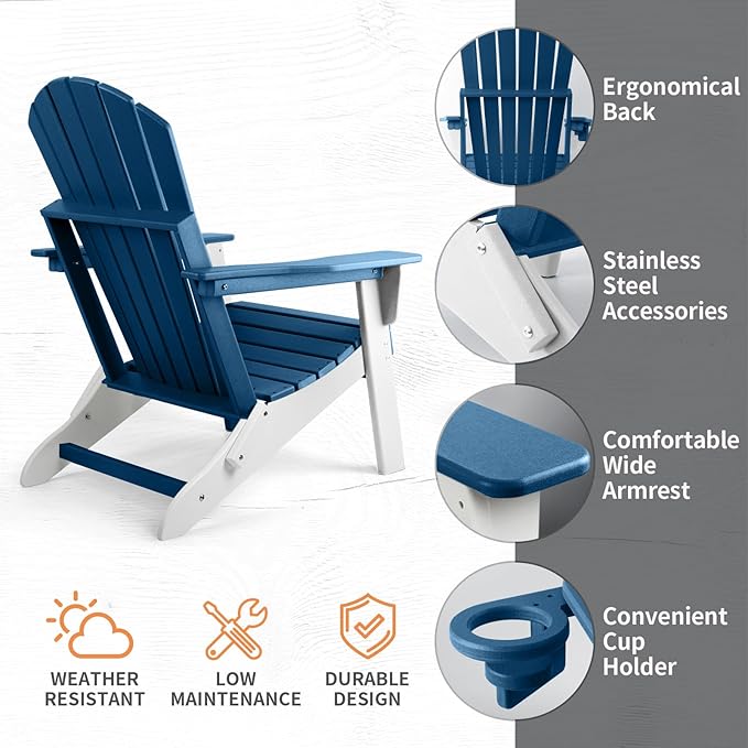 FUNBERRY Folding Adirondack Chair Set of 2, Blue & White All Weather HDPE Fire Pit Chairs with Cup Holder for Outdoor