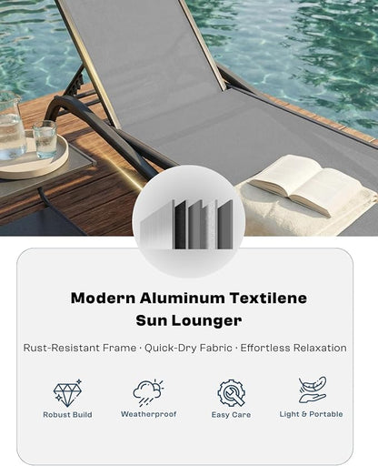 Adjustable Patio Chaise Lounge Chair, Outdoor Pool Lounger for Sunbathing & Tanning, All-Weather Textilene Sun Bed for Beach, Porch & Deck, Rust-Proof Aluminum Frame, Light Grey