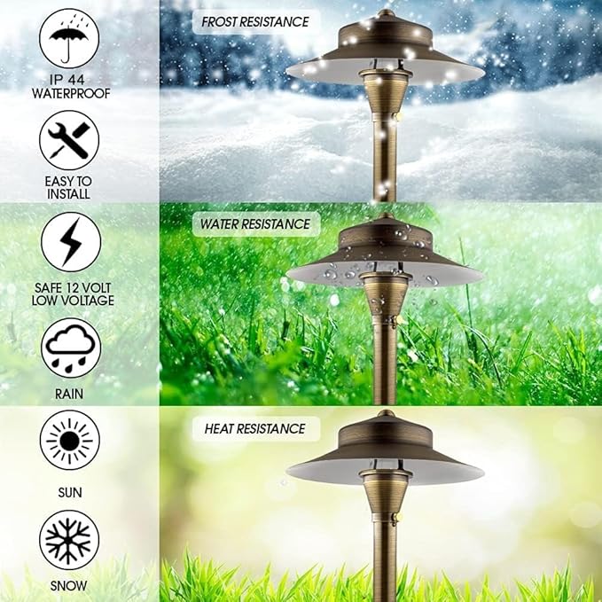 LED Low Voltage Pathway Lights 120- Solid Brass Outdoor Landscape Lights for Garden Pathway & Driveway Outdoor Lighting, 12V Landscape Lighting with Ground Stake & G4 LED Bulb (4 Pack Wide Top 8-1/2")