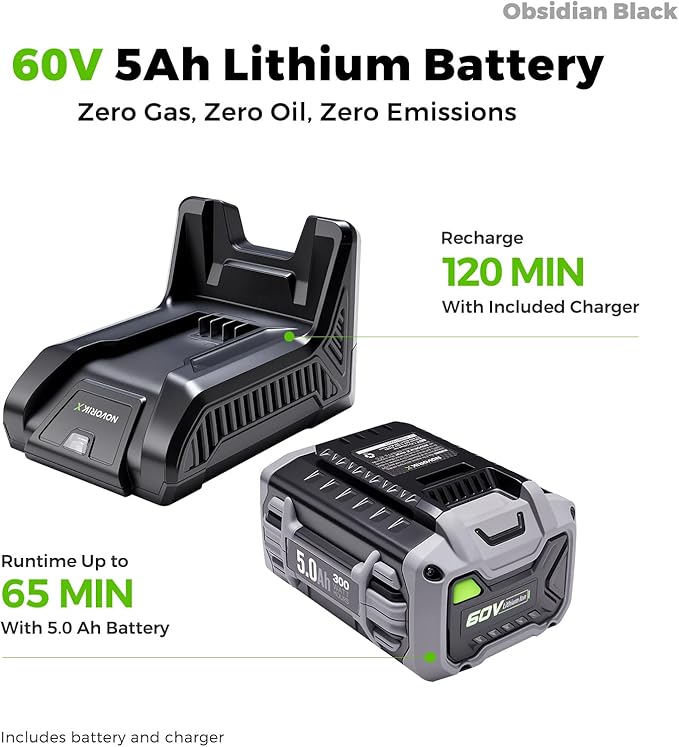 NovorikX 60V 5Ah Self-Propelled Electric Cordless Lawn Mower with 5.0Ah Battery 21-Inch, Brushless Mower for Large Yards, LED Headlight, Rapid Charger 3-in-1 Versatility Obsidian Series