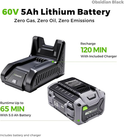 NovorikX 60V 5Ah Self-Propelled Electric Cordless Lawn Mower with 5.0Ah Battery 21-Inch, Brushless Mower for Large Yards, LED Headlight, Rapid Charger 3-in-1 Versatility Obsidian Series