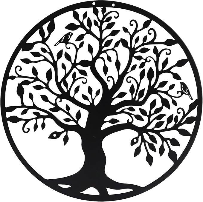 SOBEIT 20inch Tree of Life Metal Wall Art,Bird Tree Metal Wall Decor, Round Family Tree Wall Art for Wall Hanging, Garden, Home Decor, Living Room,Bedroom, Indoor, Outdoor(Black)