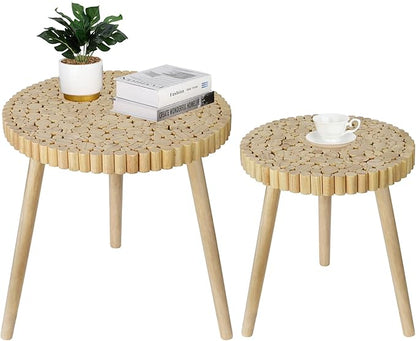 Round Coffee Table Set of 2, Farmhouse Nesting Coffee Table, Small Circle Wood Coffee Table, Mid Century Modern Nightstand, Boho Patio Side Table End Tables for Living Room Bedroom Balcony Outdoor